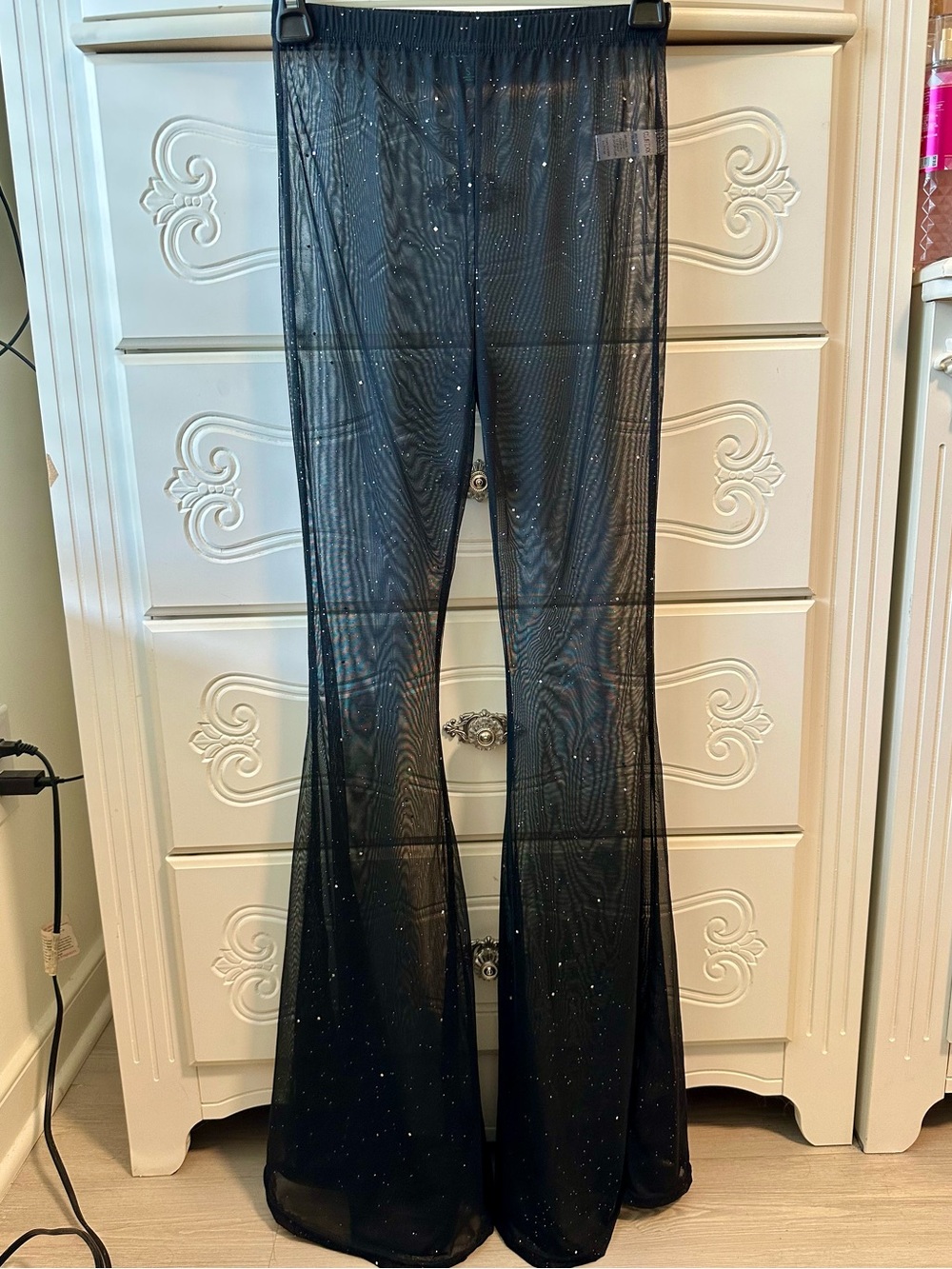 CLUB EXX Dolls Kill Sheer Black Sparkle Flare Pants Size S